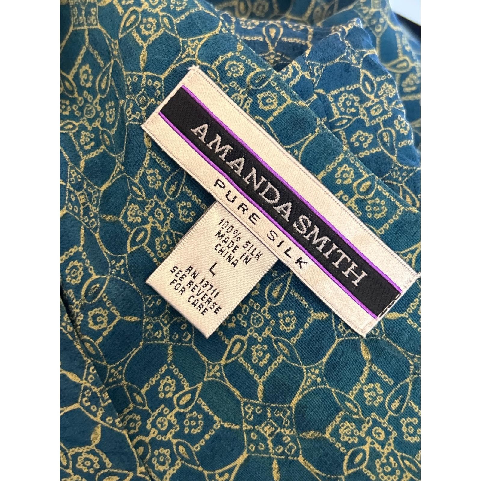 Vintage 90s Amanda Smith Silk Maxi Dress Boho Coastal Tile Print Teal Gold Large