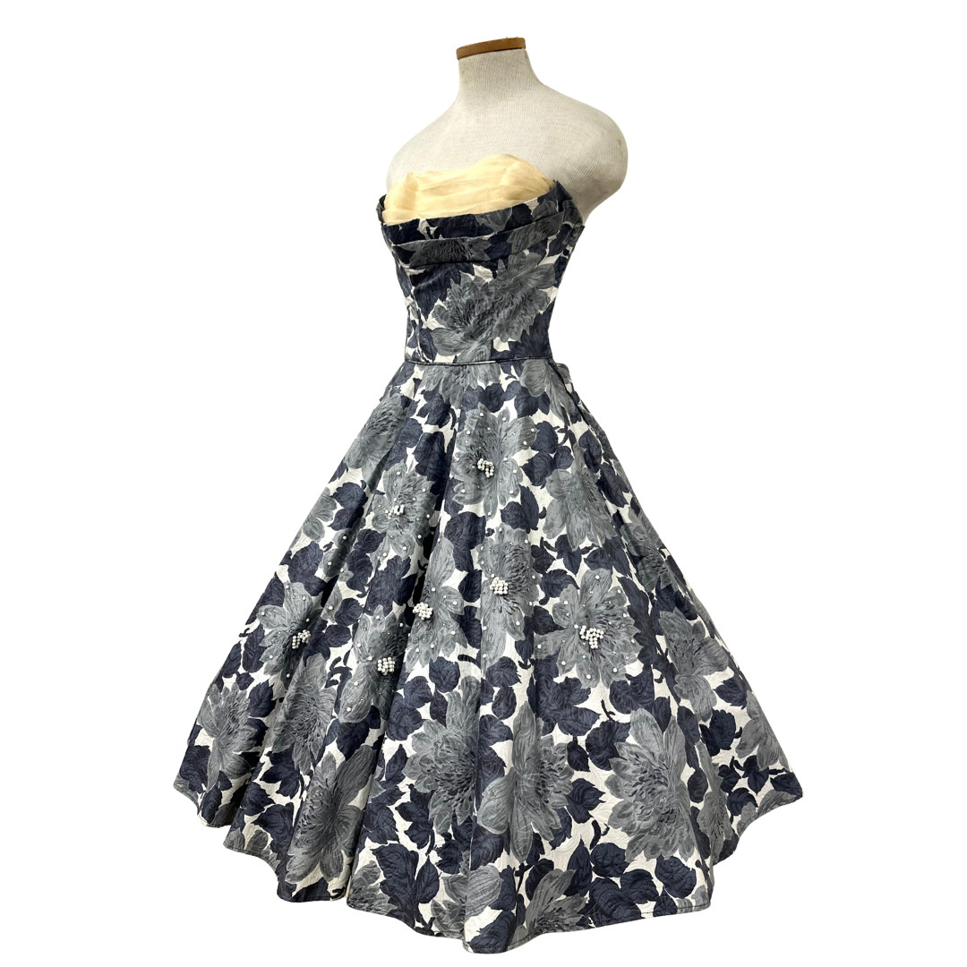 Vintage 1950s Fred Perlberg Grey Floral Beaded Rhinestoned Dress & Shawl