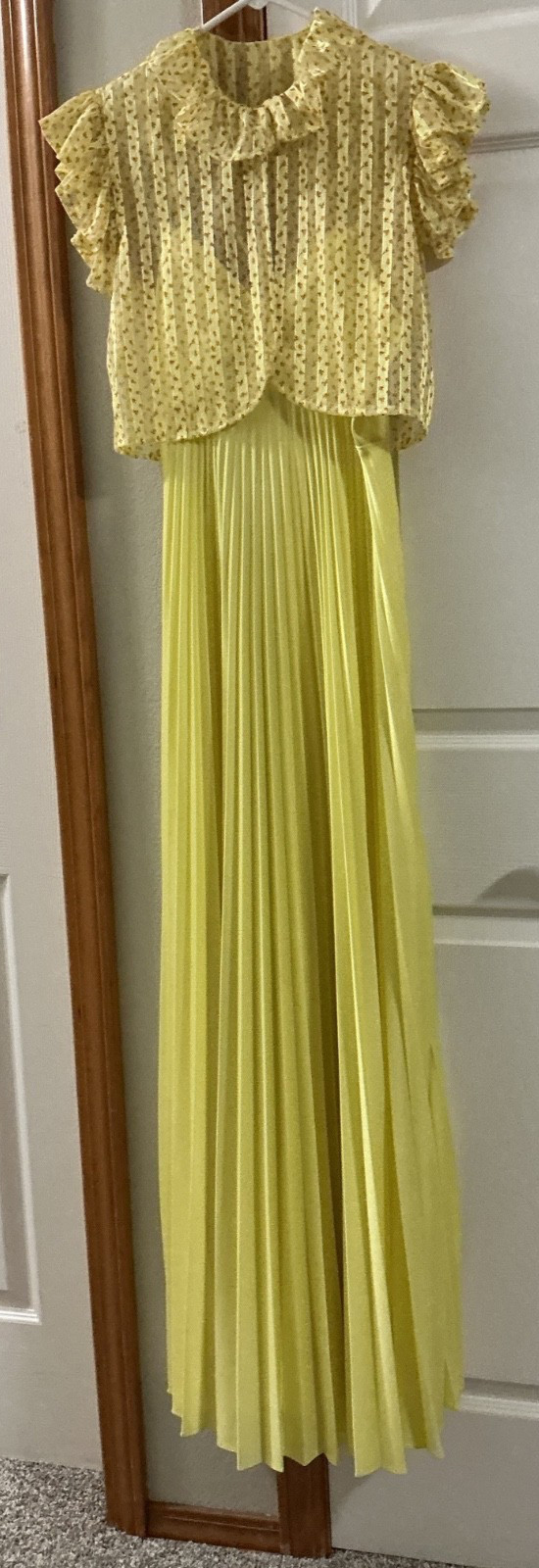 Vintage 70s JC Penney Pleated Yellow Maxi Dress Poly Boho Prairie Disco w/jacket