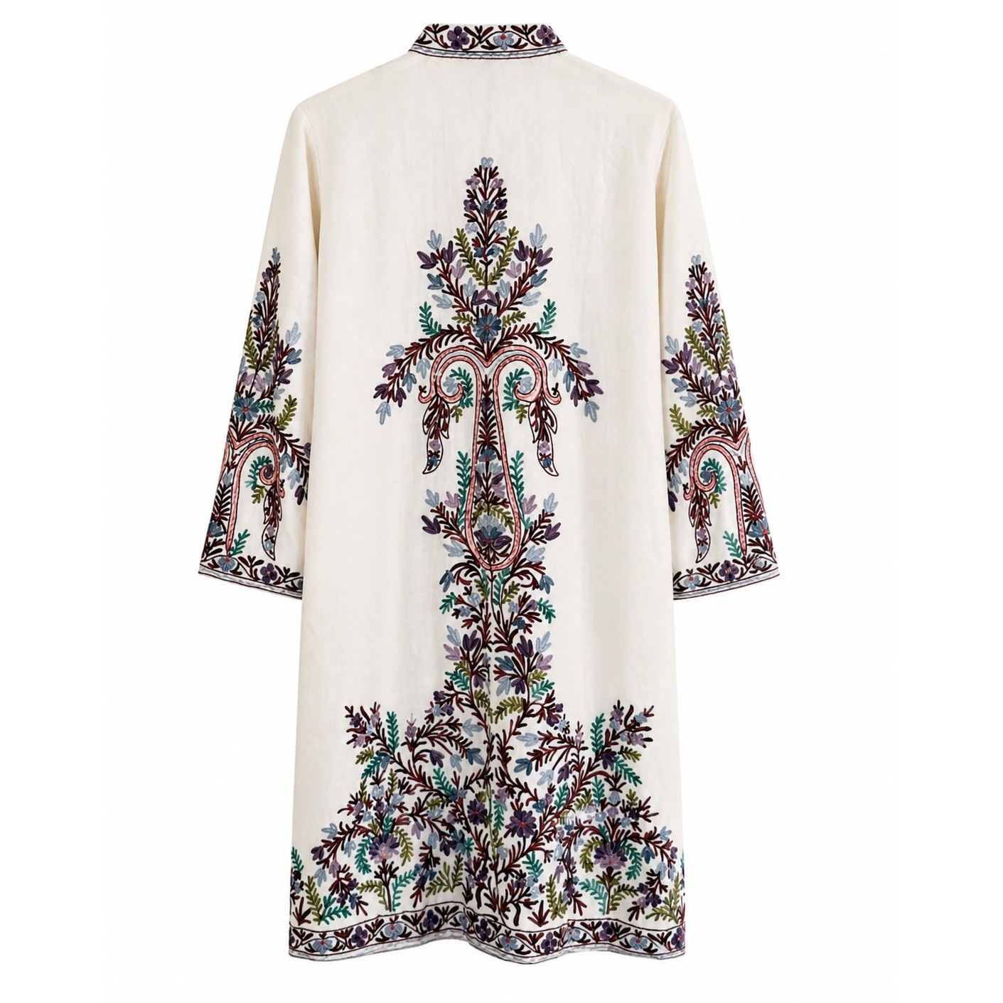 Woolen Coat Long Jacket Off-White, Multicolor Embroidery Size 46 (14, XL) Boho
