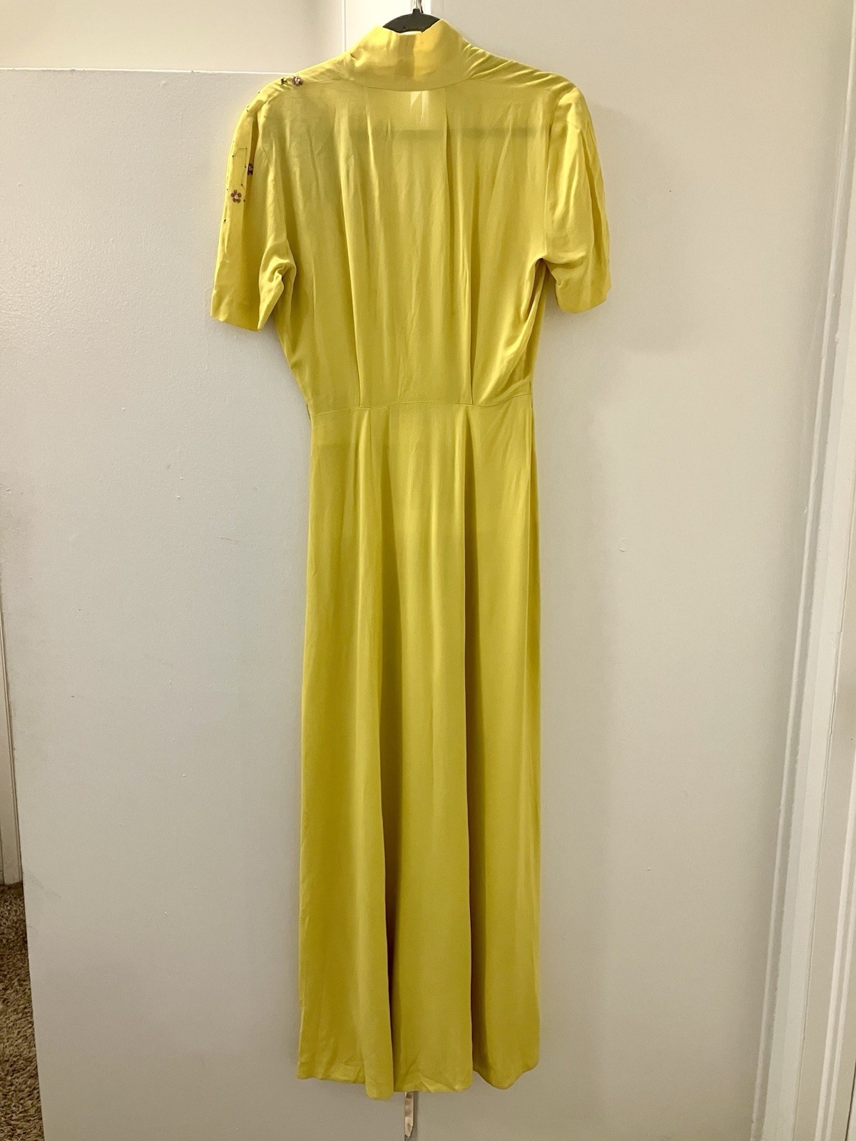 1940s Vintage Yellow Crepe Purple Flowers Embroidered Long Dress Gown Sz S AS IS