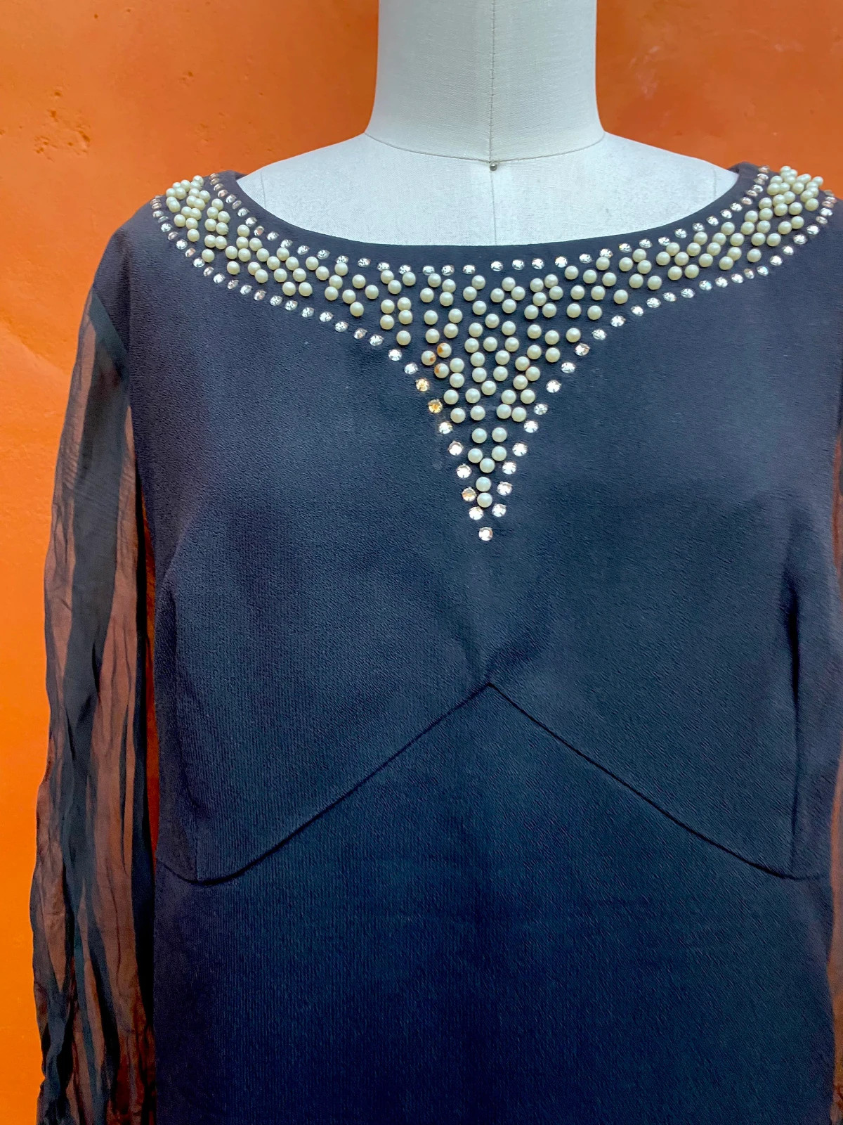 Vintage 1960s Black Beaded Rhinestone Dress. Party Cocktail Plus Size XXL 2XL