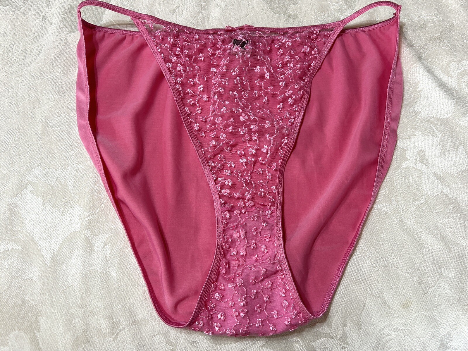 Vtg DONNA LOREN 105X Embroidered Sheer Mesh Satin 4X Pink String Bikini Panties