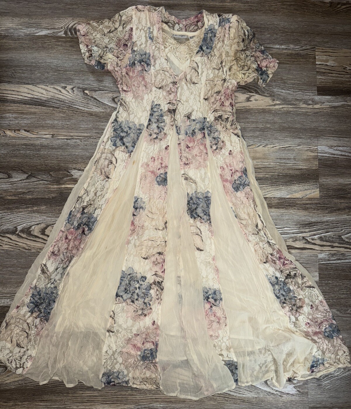 vtg 90s Nostalgia rayon lined dress floral lace panels Boho cottage core S