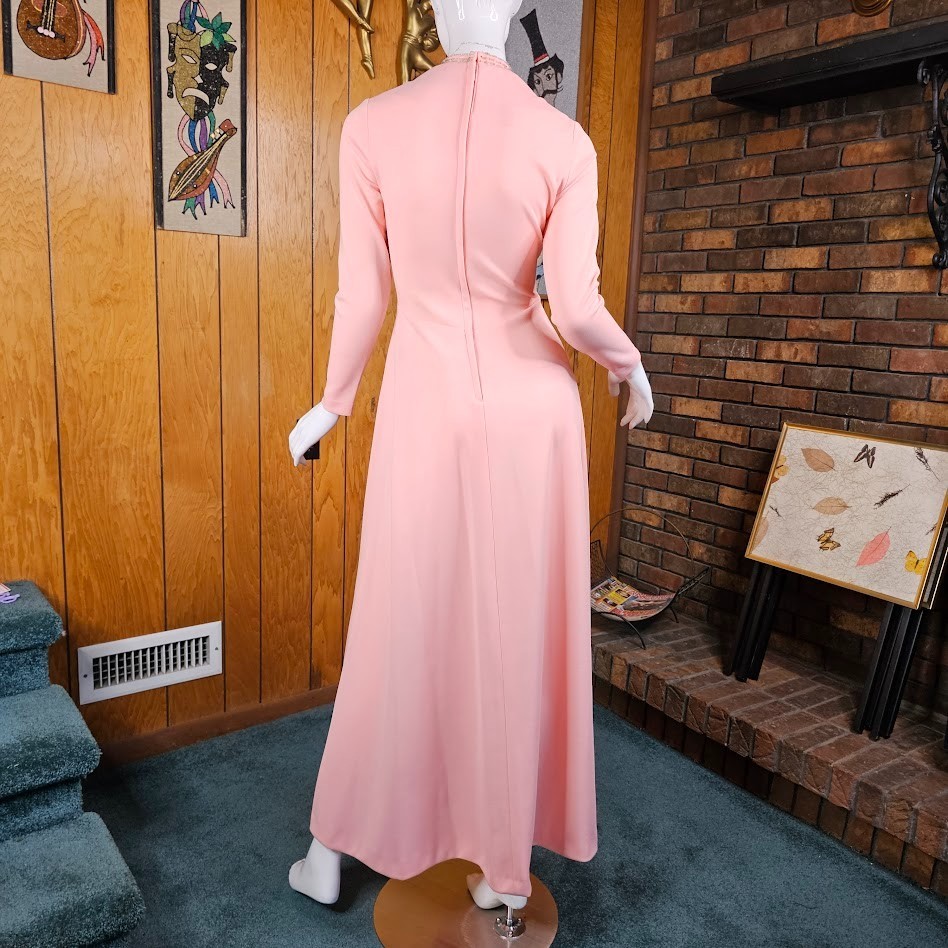 Vtg 70s Mod Bubblegum Pink Beaded Cut Out Neckline Alfred Werber Evening Dress M