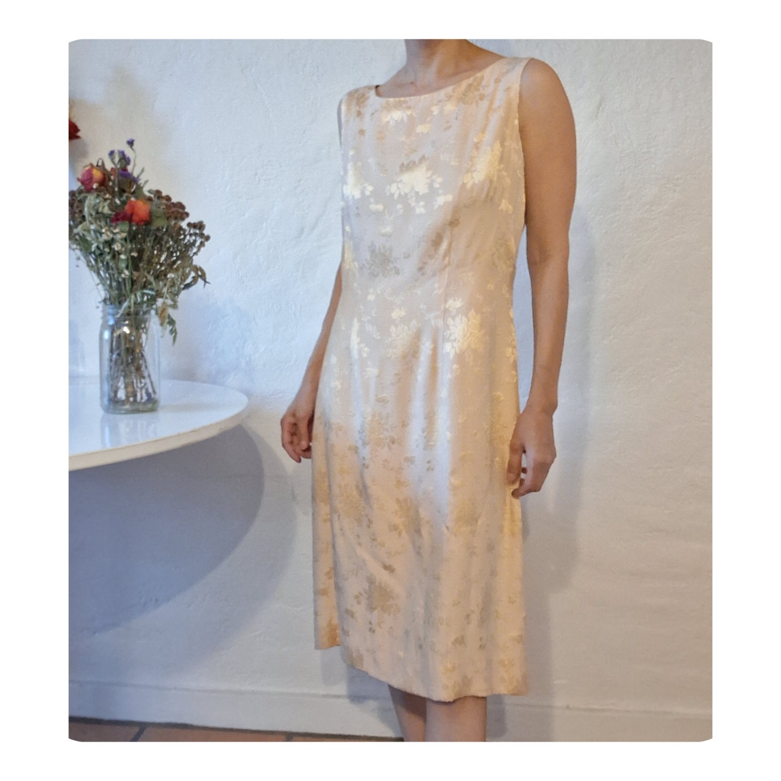 Vintage 90s MONSOON Silk Jacquard Asian Shift Dress Gold Brocade Midi Cheongsam