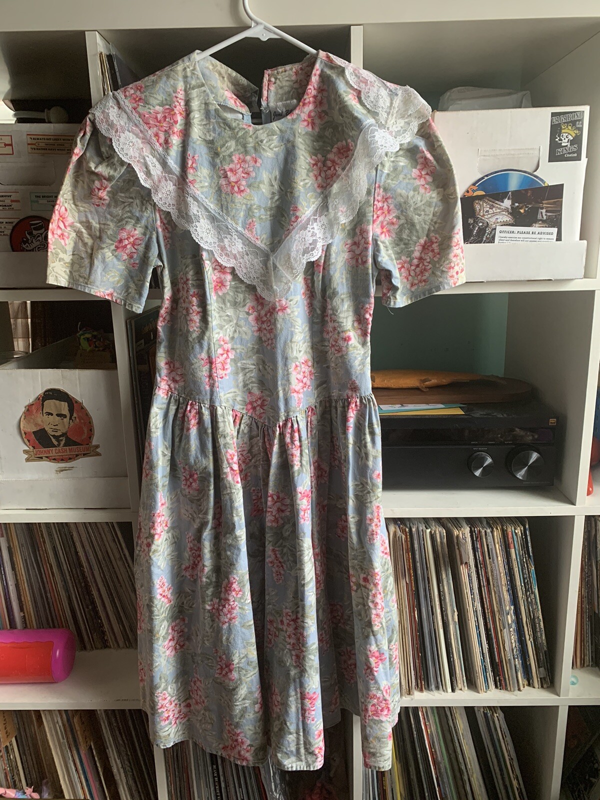 Vintage 80s Joni Blair Floral V-Waist Cotton Short Sleeved Dress Sz 5 Large Bow