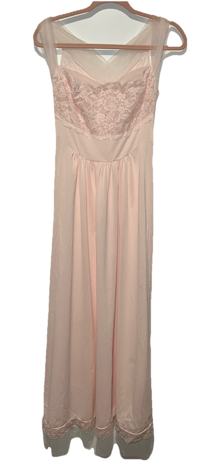 Vanity Fair Blush Pink Lace Nightgown Bardot Bodice Romantic Lingerie Slip Dress