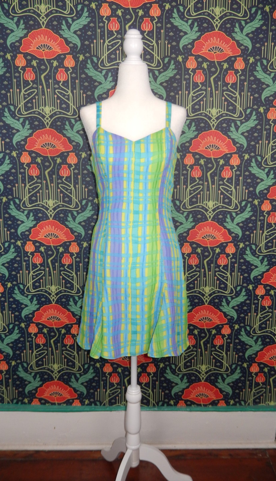 Vintage 90&rsquo;s Y2K Cynthia Rowley Yellow Blue Green Kitschy Mini Slip Dress 4