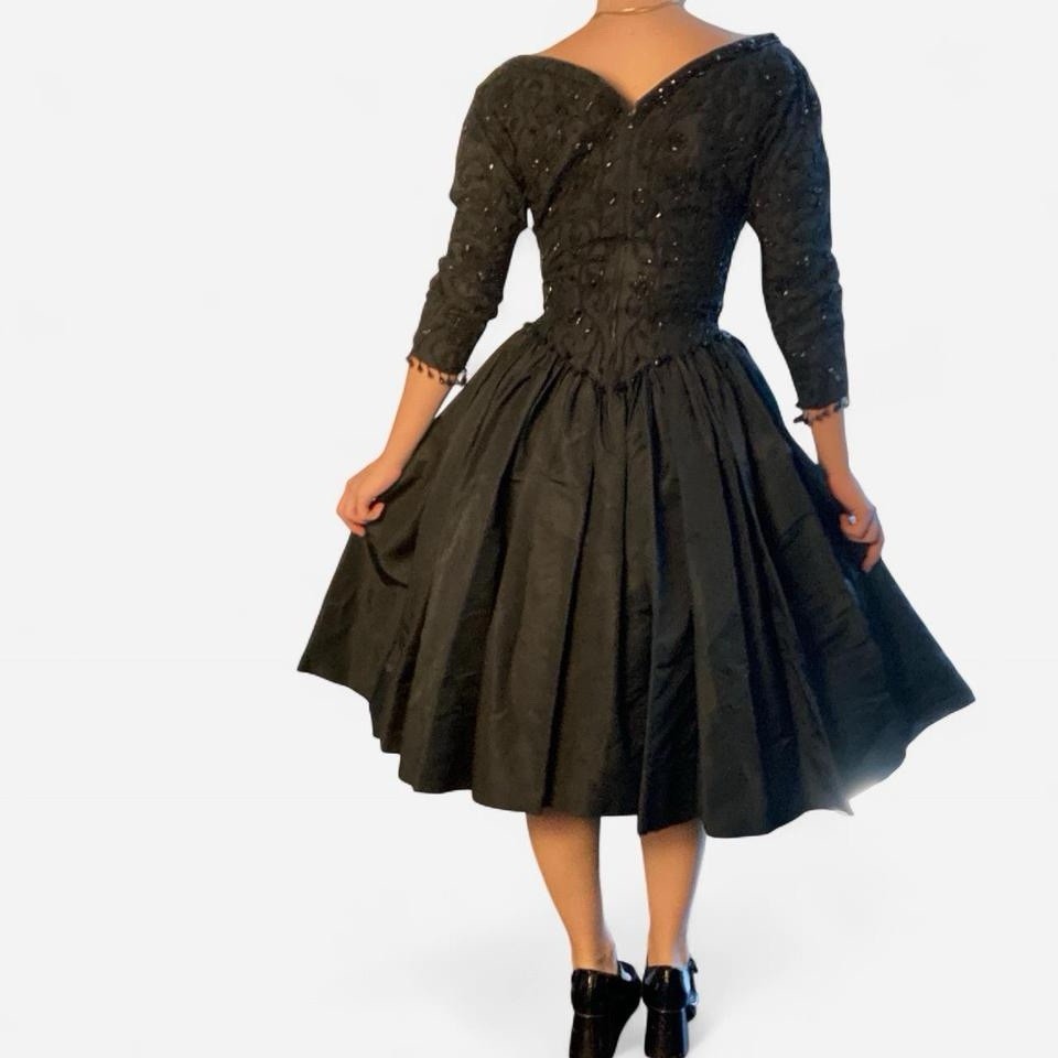 1950s Old Hollywood Black Beaded Embroidered Full Skirt Dress (Bramson)