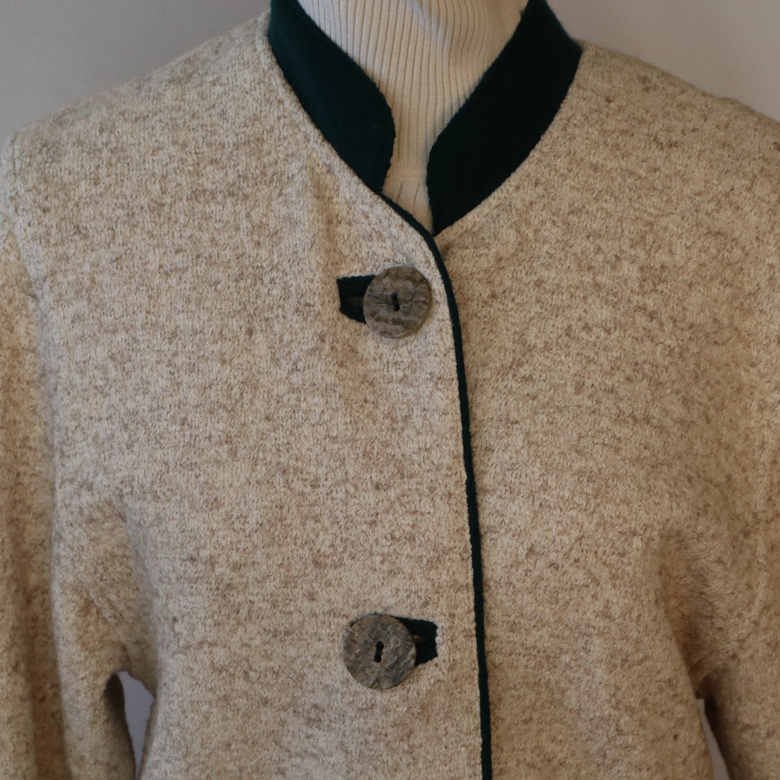 Vtg Wool Chenille Arber Jacket Tan, Green Knit w Embroidery Sz 36 Small Germany