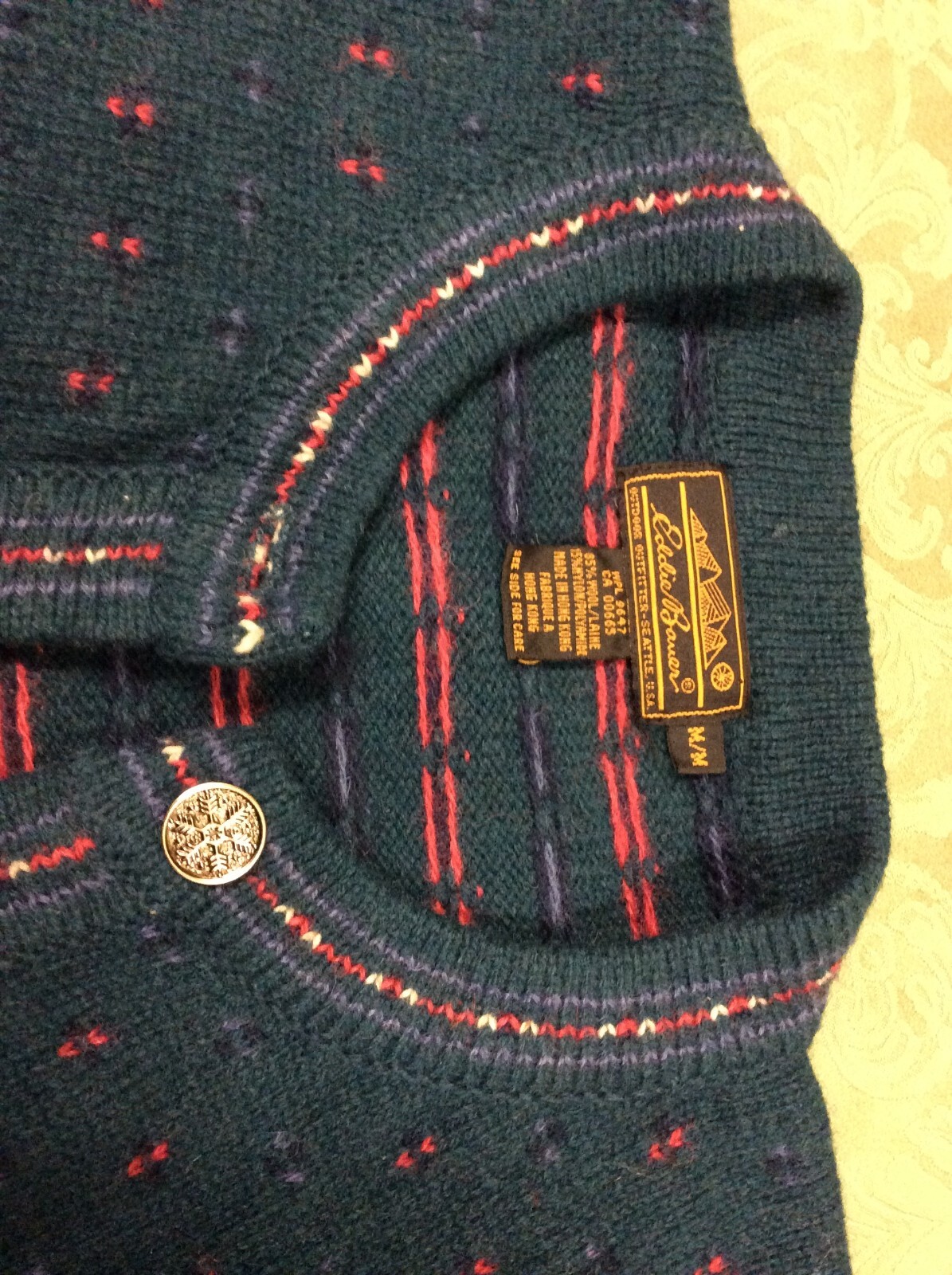 Eddie Bauer Wool Blend Cardigan Sweater M Dark Green Teal Red birdseye vintage