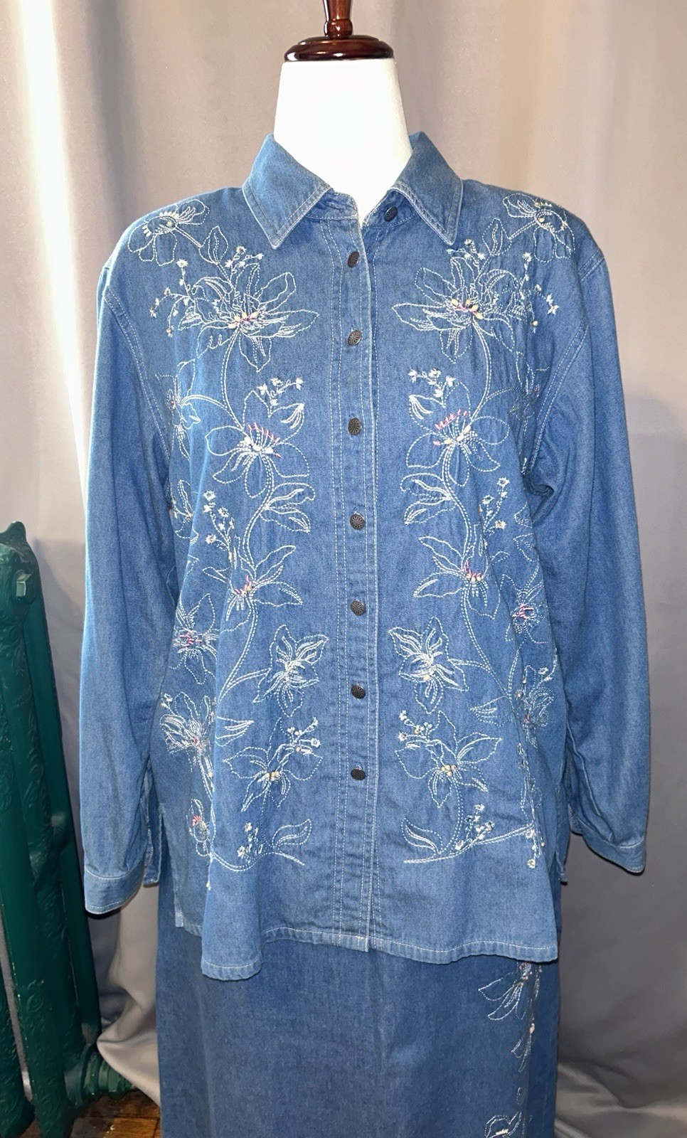 Vintage Cottagecore Embroidered Denim Two-Piece Maxi Set Women&rsquo;s
