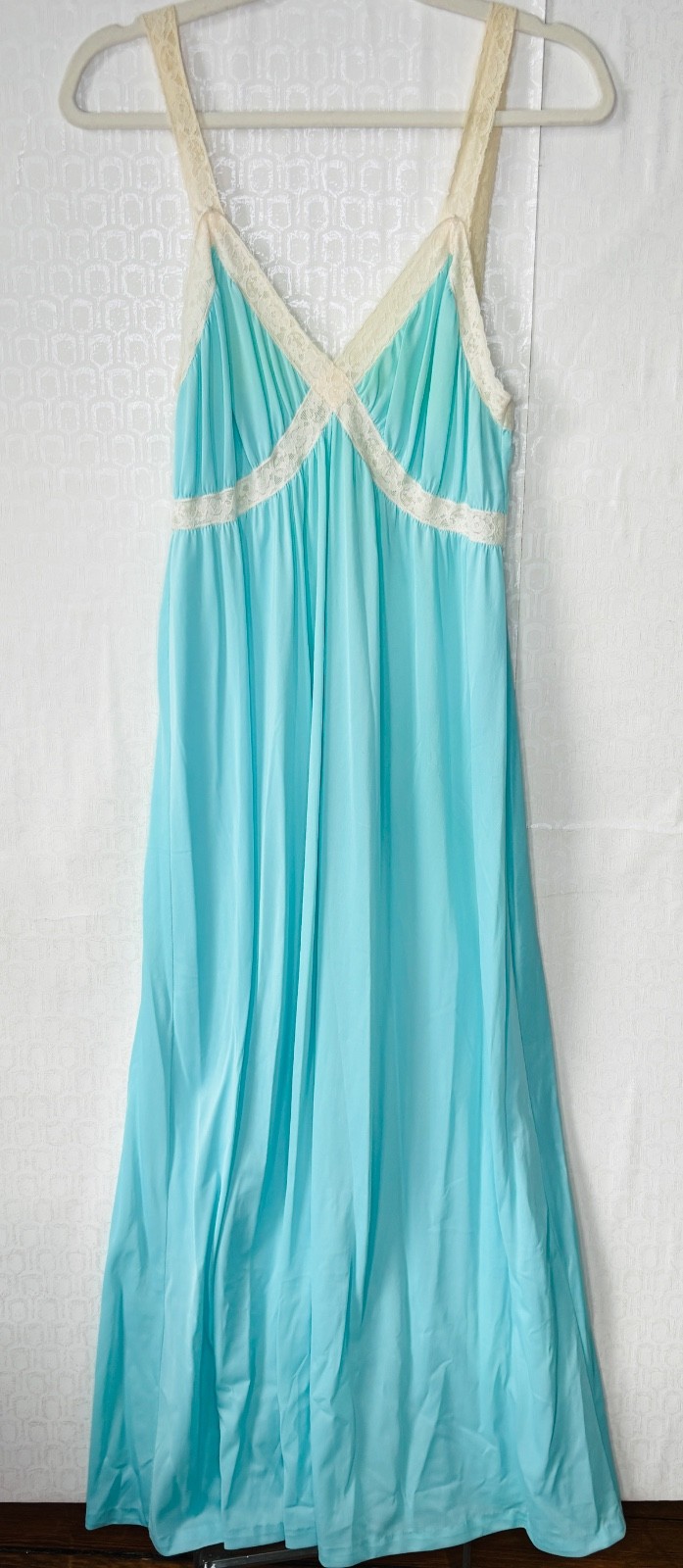 VTG 60&rsquo;S SNOWDON*ROBIN&rsquo;S EGG BLUE WHITE LACE TRIM GODDESS NEGLIGEE NIGHTGOWN*M/L