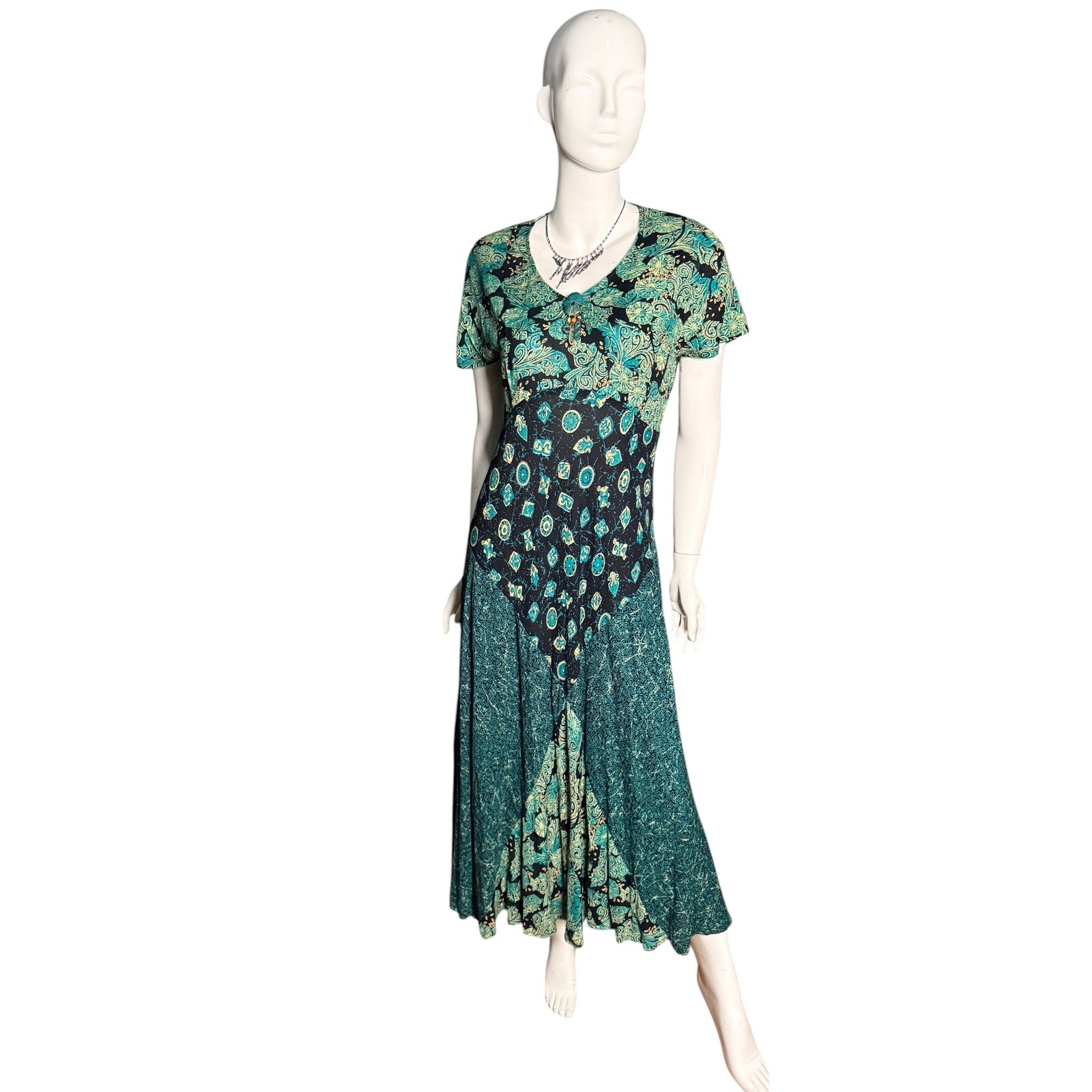 Vintage Carole Little Teal Green Mixed Print boho Patchwork midi Whimsy Dress 8