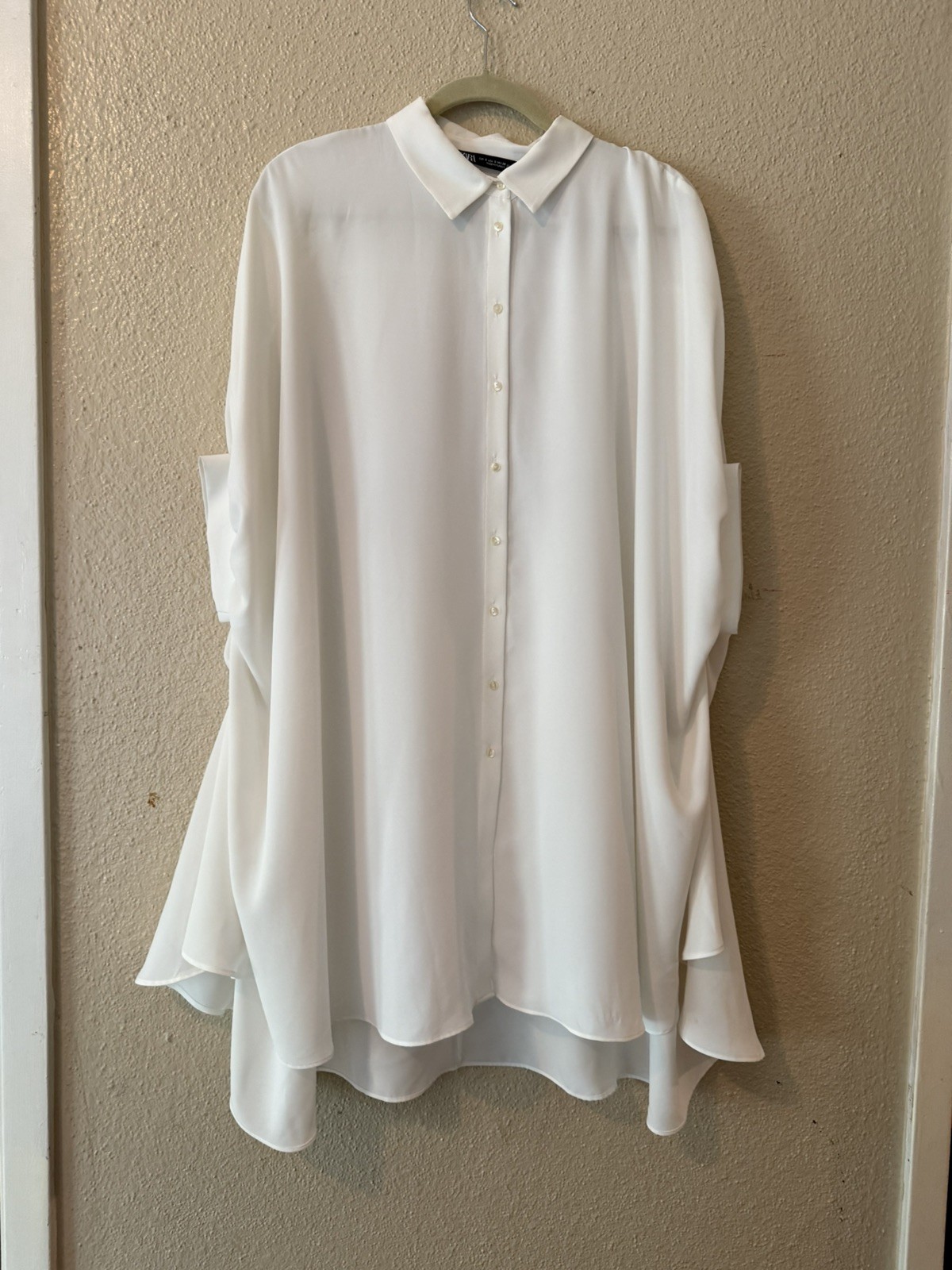 ZARA White Oversized Shirt Dress S High Low Button Front Batwing Dolman Sleeve
