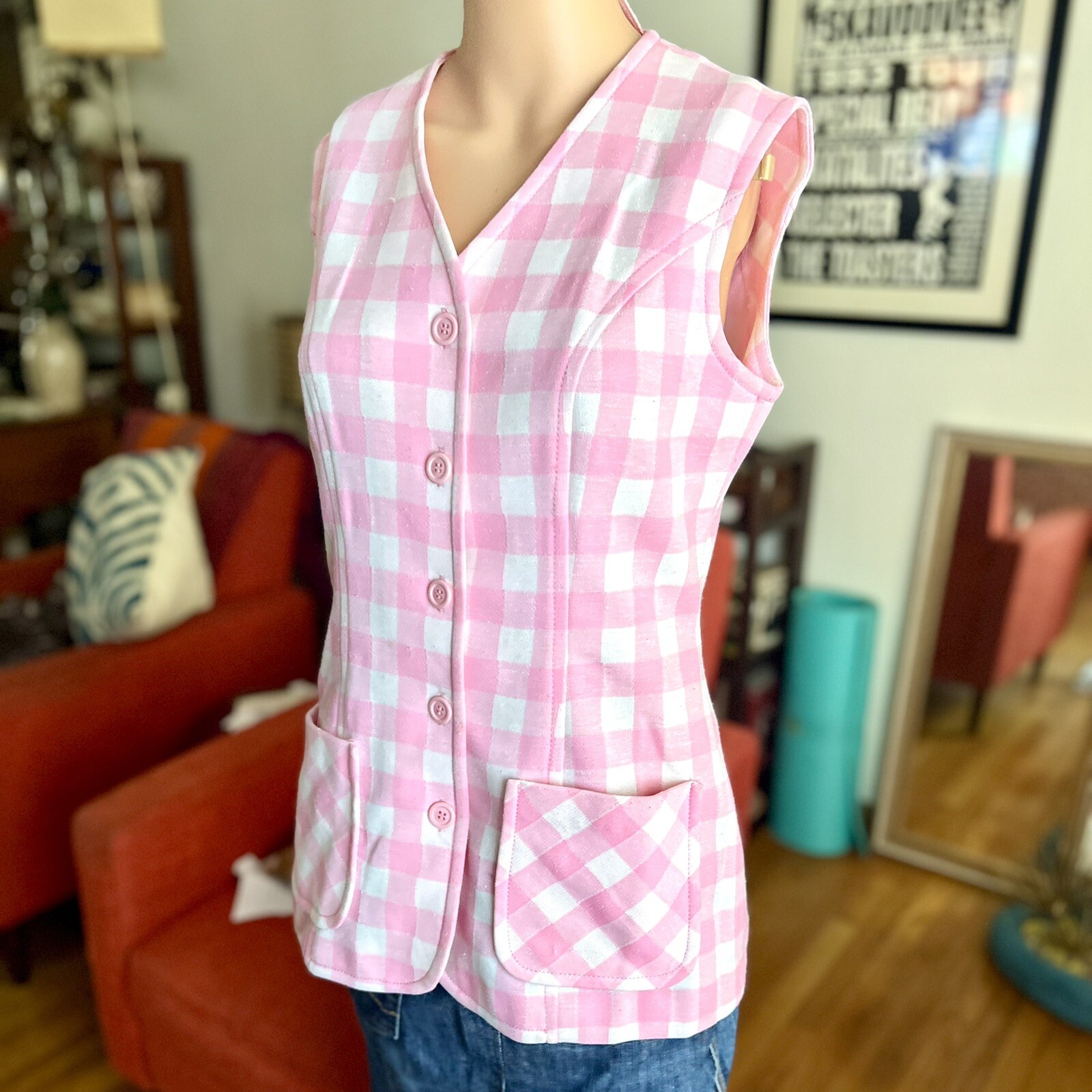 Vintage 1970s Pink & White Gingham Sears Vest