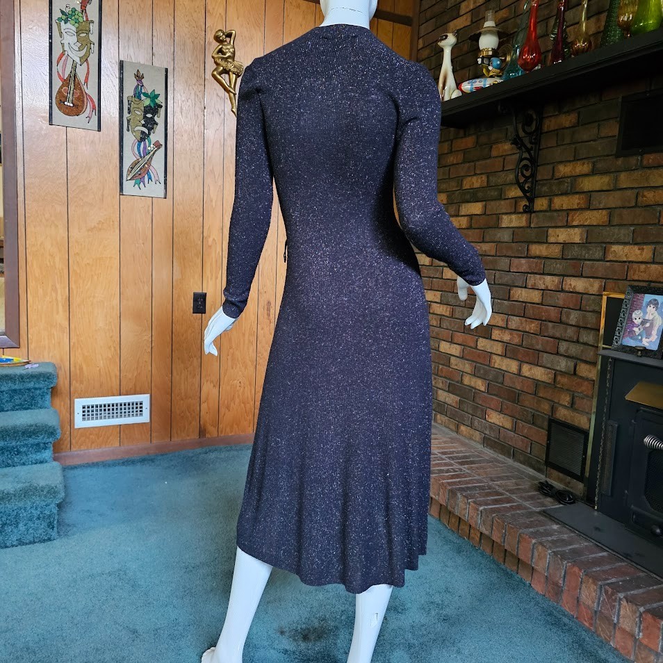 Vtg 80s Rainbow Glitter Goth Starry Night Metallic Knit Midi Party Emo Dress S