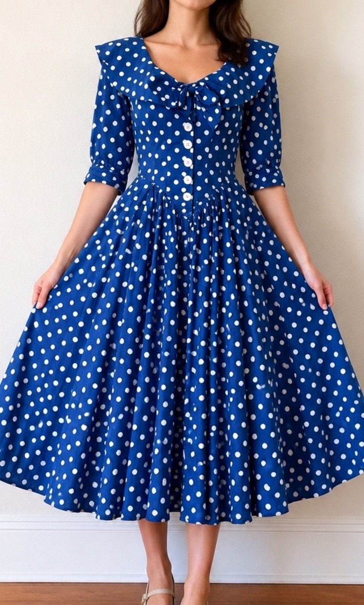 Vintage Karen Alexander 80s Blue Polka Dot Cotton Full Sweep Dress Size 8