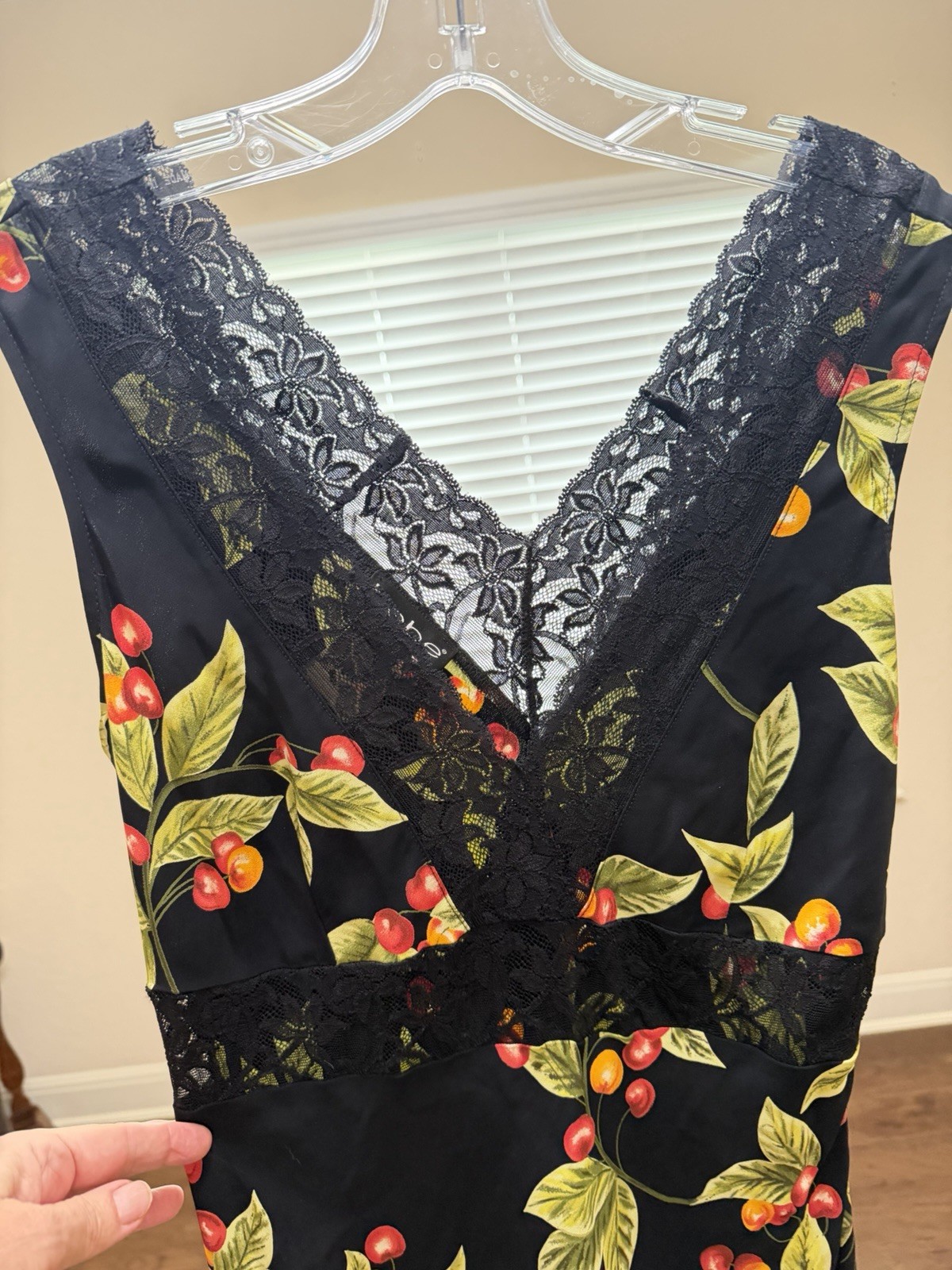 Vintage Y2K Bebe Cherry Print Lace Trim Slip Dress, Black Red, Women&rsquo;s Size M