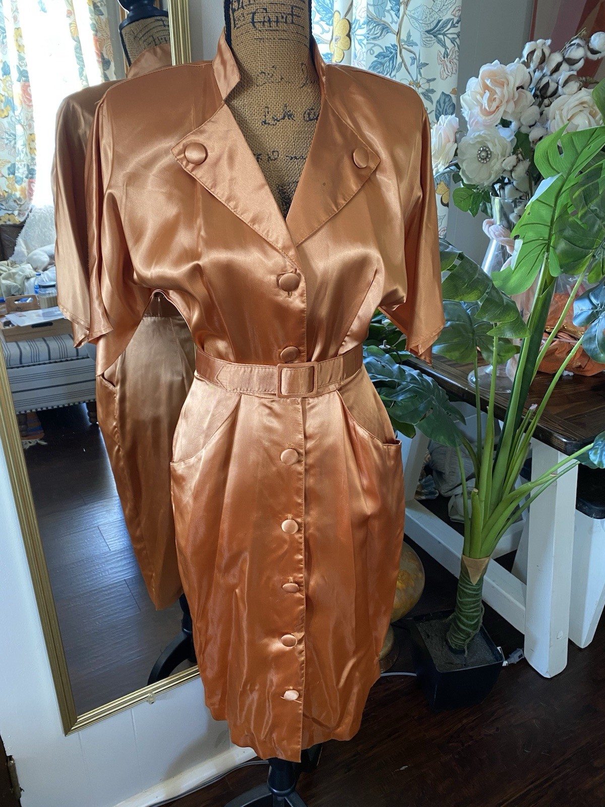 1960&rsquo;s Satin Copper Orange Satin Cocktail Dress Hour Glass Vintage 38” Bust
