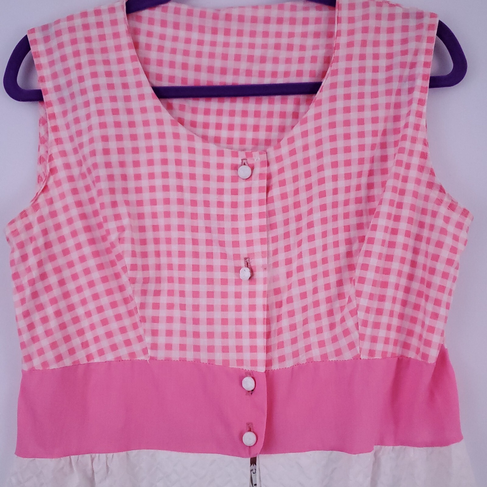 Vtg BarbieCore Pink White Gingham Cottage 60&rsquo;s Mini Tank Dress Embroidered S/M