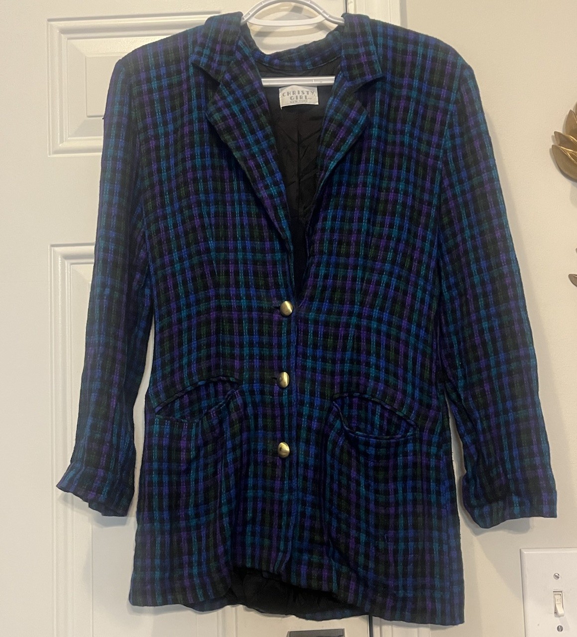 Vintage Christy Girl NY Plaid Longline Blazer Jacket Teal Purple Green Sz M / L