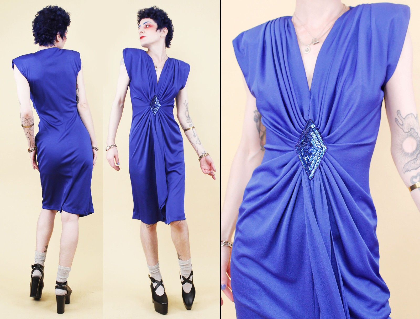 80s Vtg Climax Karen Okada Dress Blue Ruched Deep V Party Cocktail Xs Sm B36&Prime;