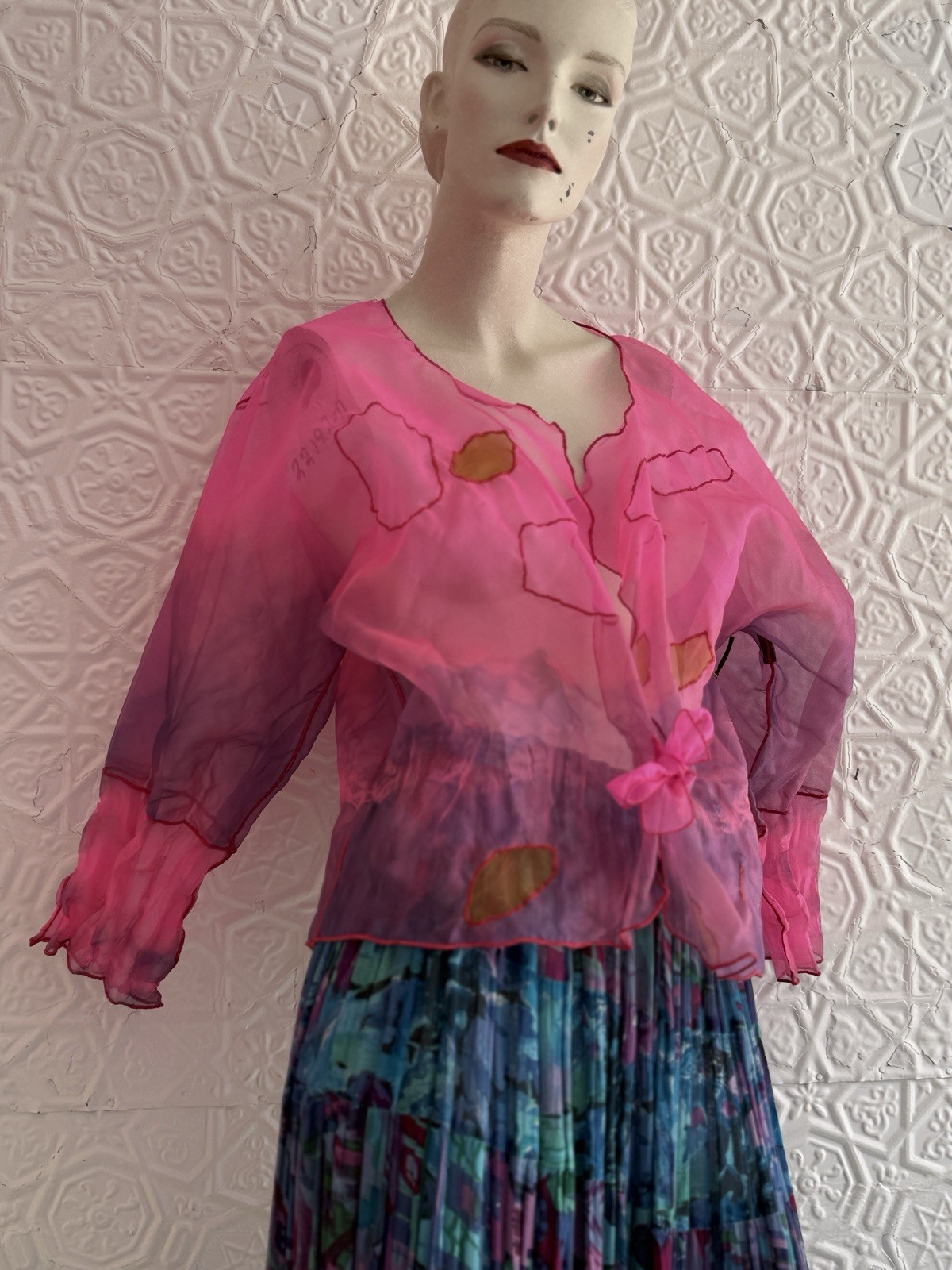 vintage 1990s art 2 wear hot pink sheer top-Avant garde crinkle pleat