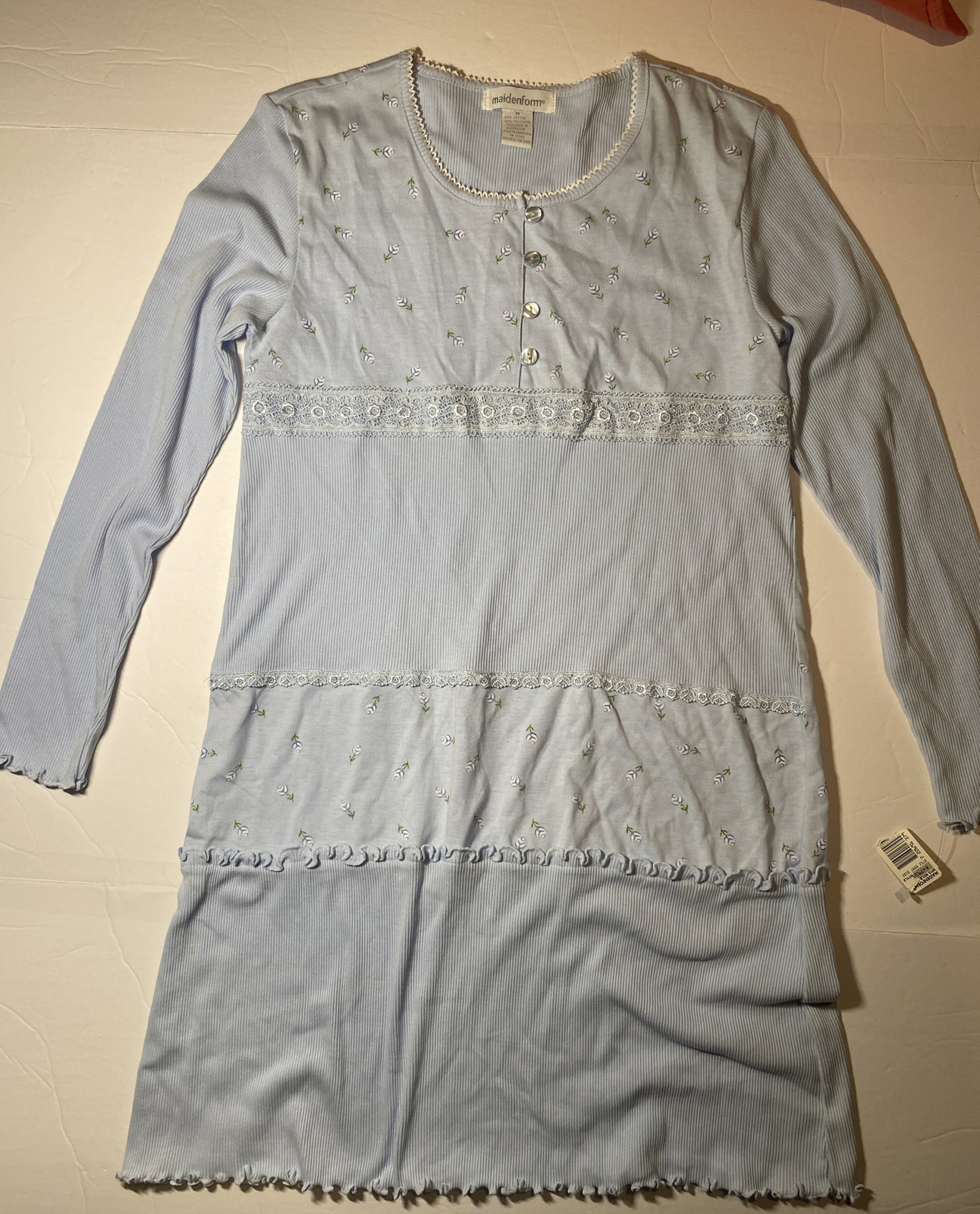 NWT Maidenform Nightgown M Cotton Polyester Blue Long Sleeves