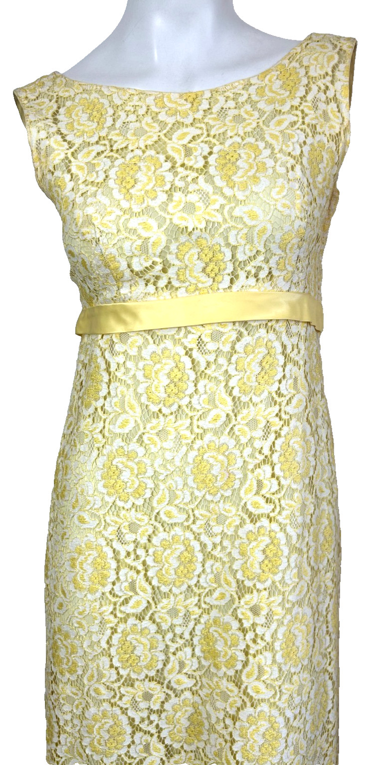 50s Lace Column Dress Size Small 4-6 Yellow Bow Backless Sleeveless Vintage VGUC