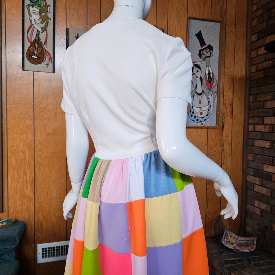 Vtg 70s Hippie Patchwork Rainbow Quilted Skirt Homespun Maxi Zip Front Dress S/M