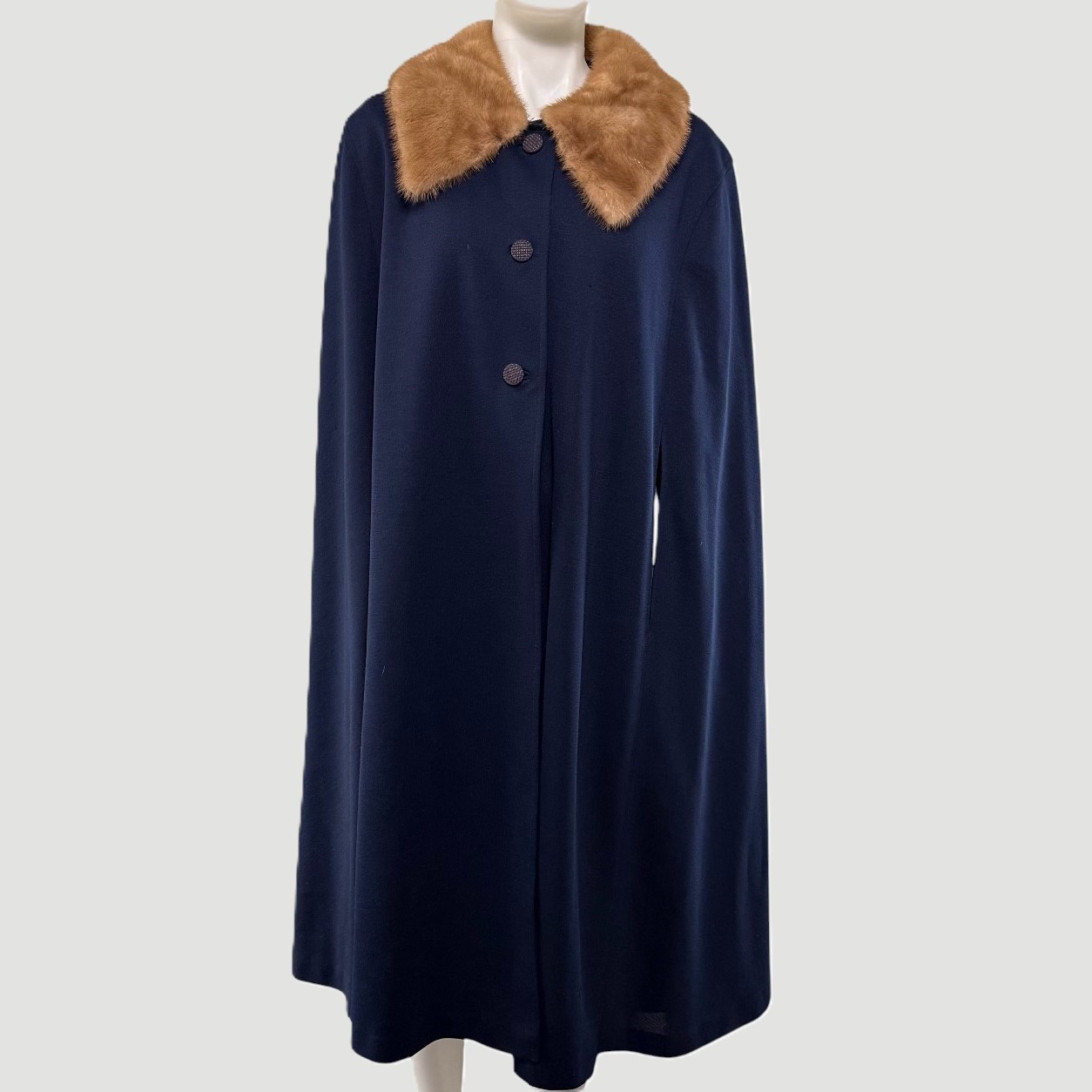 Vintage 1950s Opera Cape Cloak Navy Wool Fur Collar Swing Coat Satin Lined