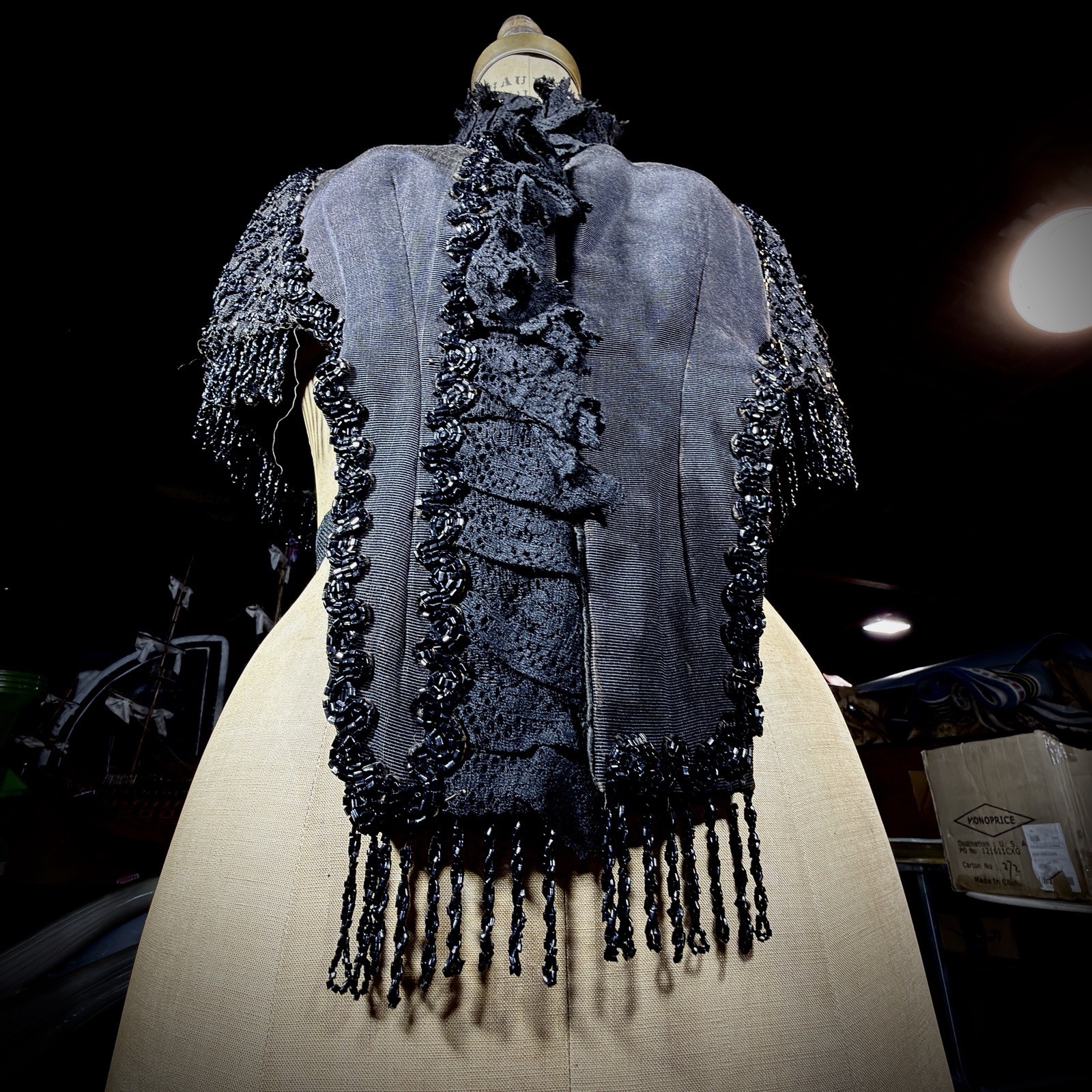 Antique Victorian Mourning Cape | 1880s Jet Beaded & Chantilly Lace Mantle