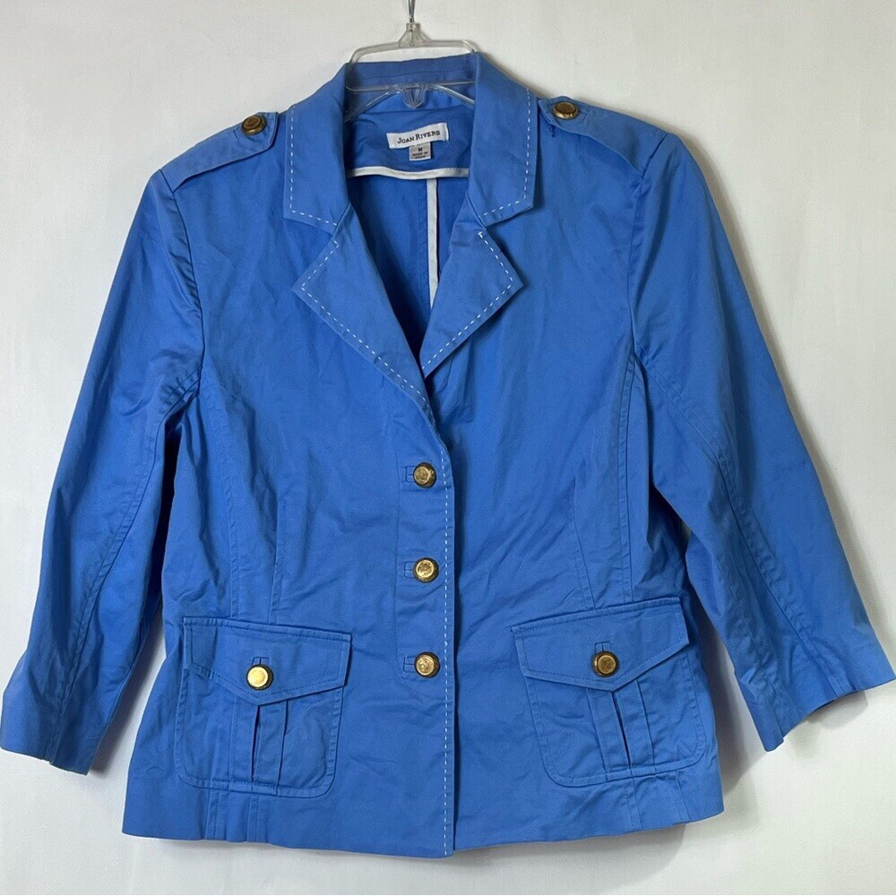 Joan River’s Women’s Baby Blue White Trim Jacket Blazer Gold Buttons Sz M Coat