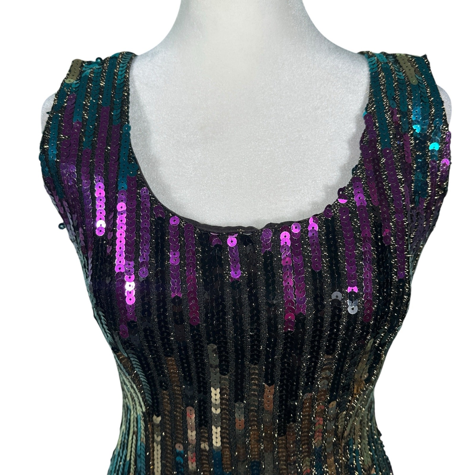 Vintage Alyce 1980s Sequin Mini Party Cocktail Dress Purple Green Gold Sz Med/10