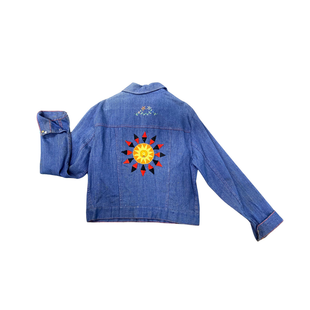 Vtg 70s 1970s Novelty Kitschy Hand Embroidered Sun Strawberry Dove Denim Jacket