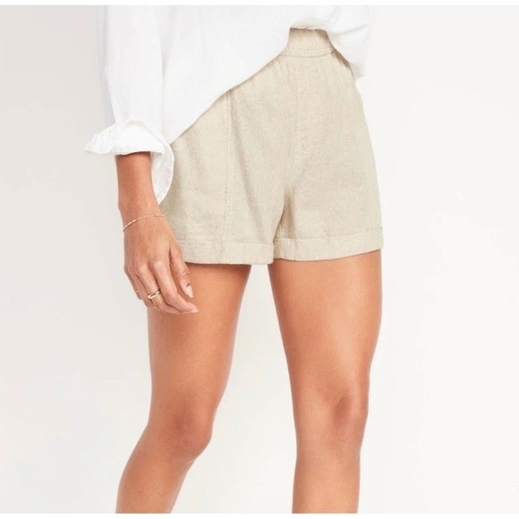 Old Navy Linen Blend Shorts Large Beige High Rise Elastic Waist Drawstring