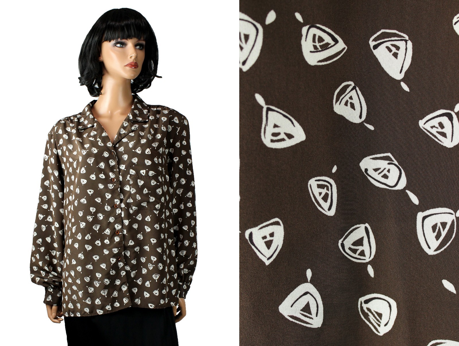 Vintage 80s Blouse 22W 42 2X XXL Vintage Brown White Long Sleeve Dress Shirt