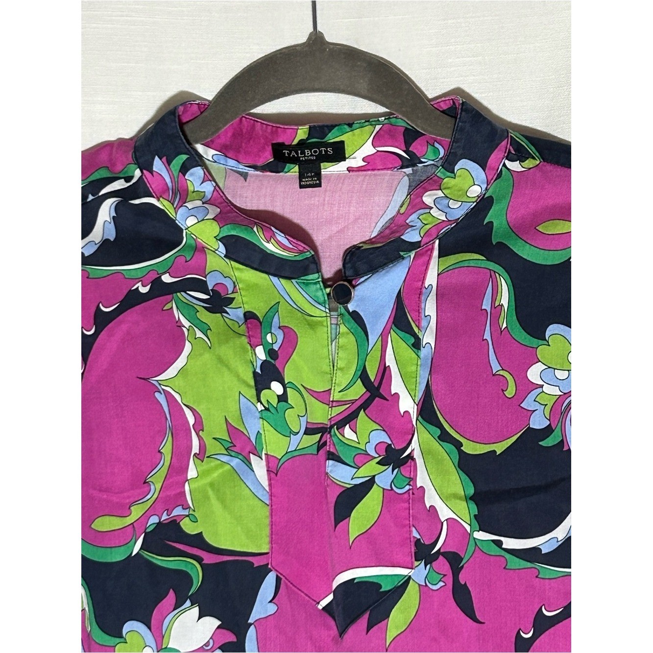 Talbots Retro Pucci Inspired Pink, Green & Navy Paisley-Print Long Sleeve Blouse