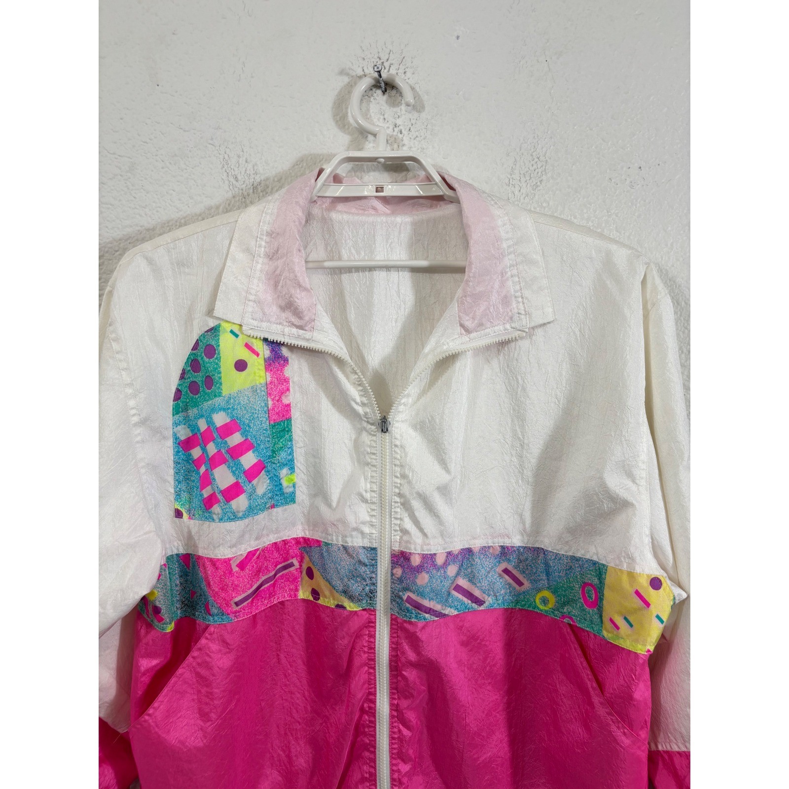 Vintage 80s Reversible Windbreaker Jacket Neon Pink White Geometric Pop Art