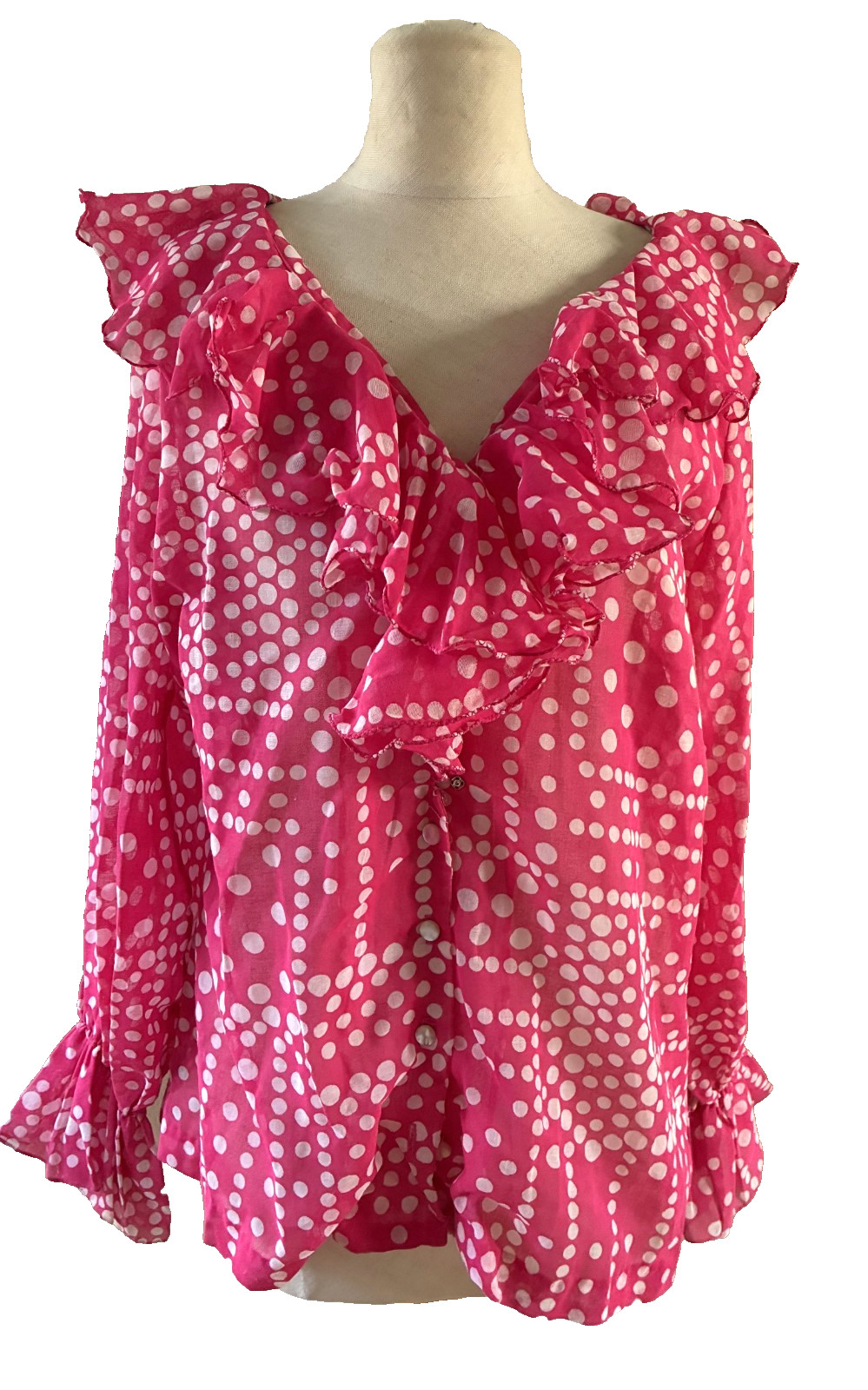 1970s Fashioned By Gregory Pink White Polka Dot Blouse Poly Blend Large