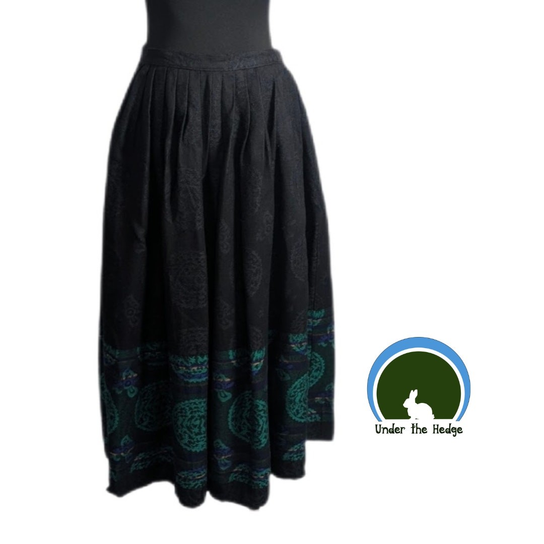 Vtg 80s Bianca Black Woven Wool Blend Pleated Midi Folk Skirt Fits Small B1