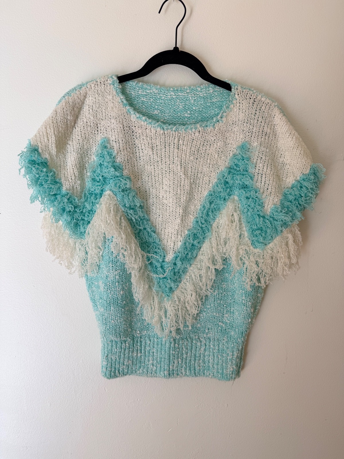 Vintage 80s 90s Fringe Chevron Sweater Top Aqua White Dolman Crop