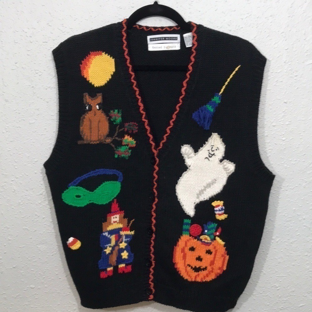 Jennifer Moore Halloween Knitted by Hand Vintage Embroidered Sweater Vest