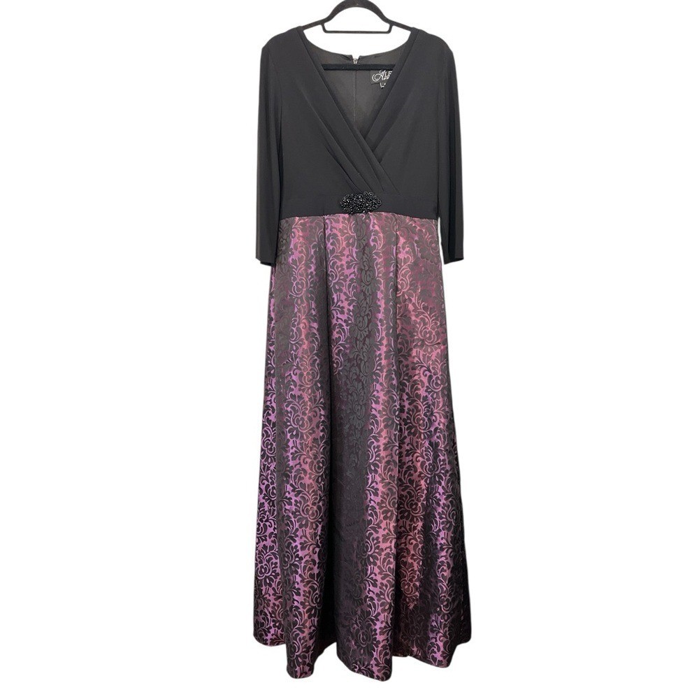 Alex Evenings Beaded Jersey & Jacquard Gown V-Neck, Black/Purple/Violet, Size 10