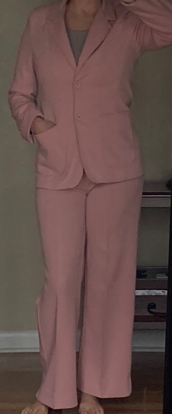 Vtg 60s 70s Dusty Pink Polyester 2 Pc Wide Leg Leisure Pant Suit Blazer Womens M