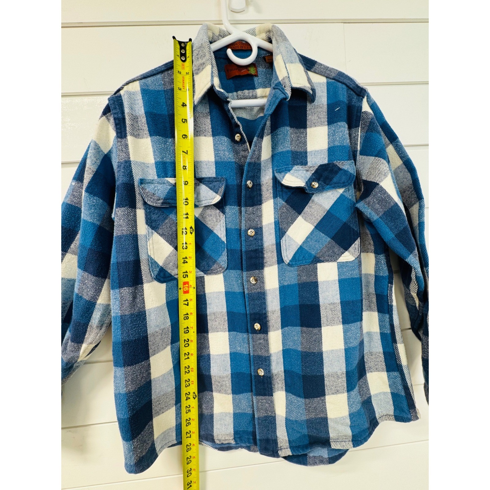 Fieldmaster Vintage Blue Buffalo Plaid Flannel Shirt Made in USA Cotton Large