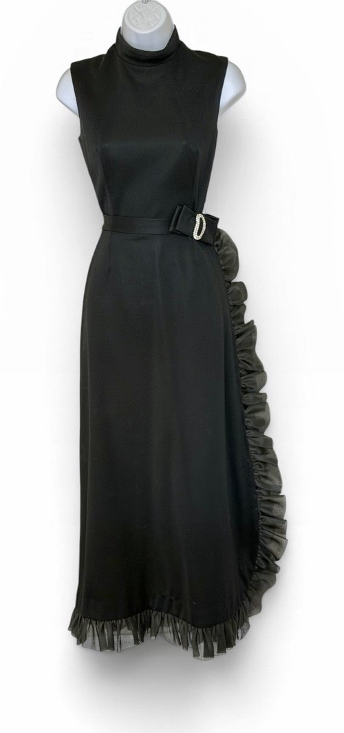 Vtg 70s Nadine Ruffle Rhinestone Bow Maxi Dress XS Black Sleeveless Belt Dressy