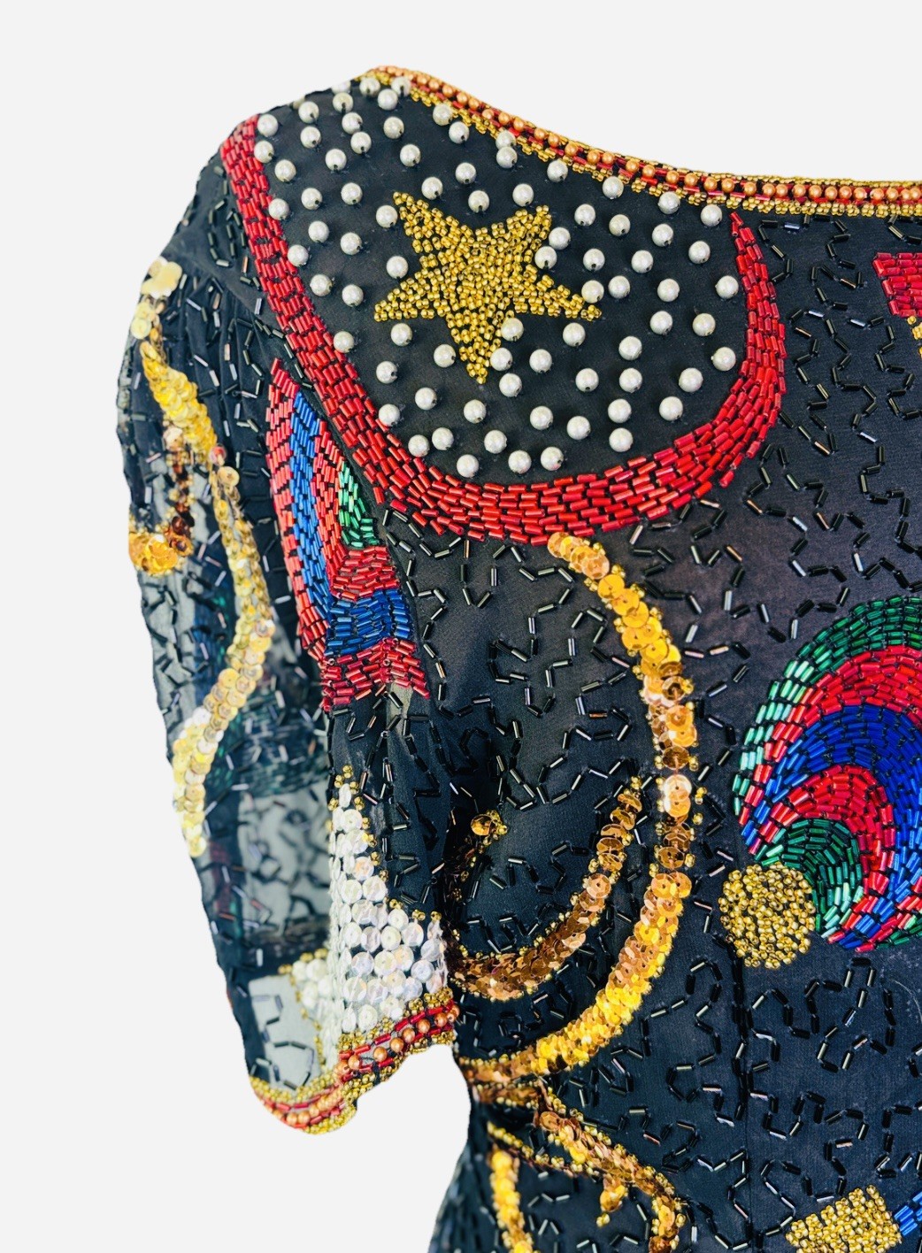 Vintage 80s Silk Heavily Hand Beaded Sequin Celestial Dress by Nadine Boutique
